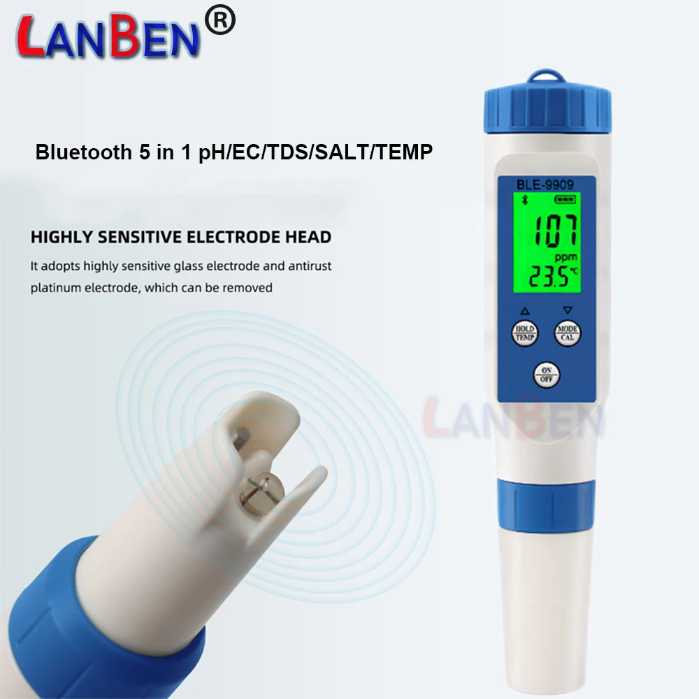 pH Meter Smart Bluetooth Digital TDS EC pH Salinity  Temperature Meter for Aquariums Pool Fish Tank Seafood Aquaculture