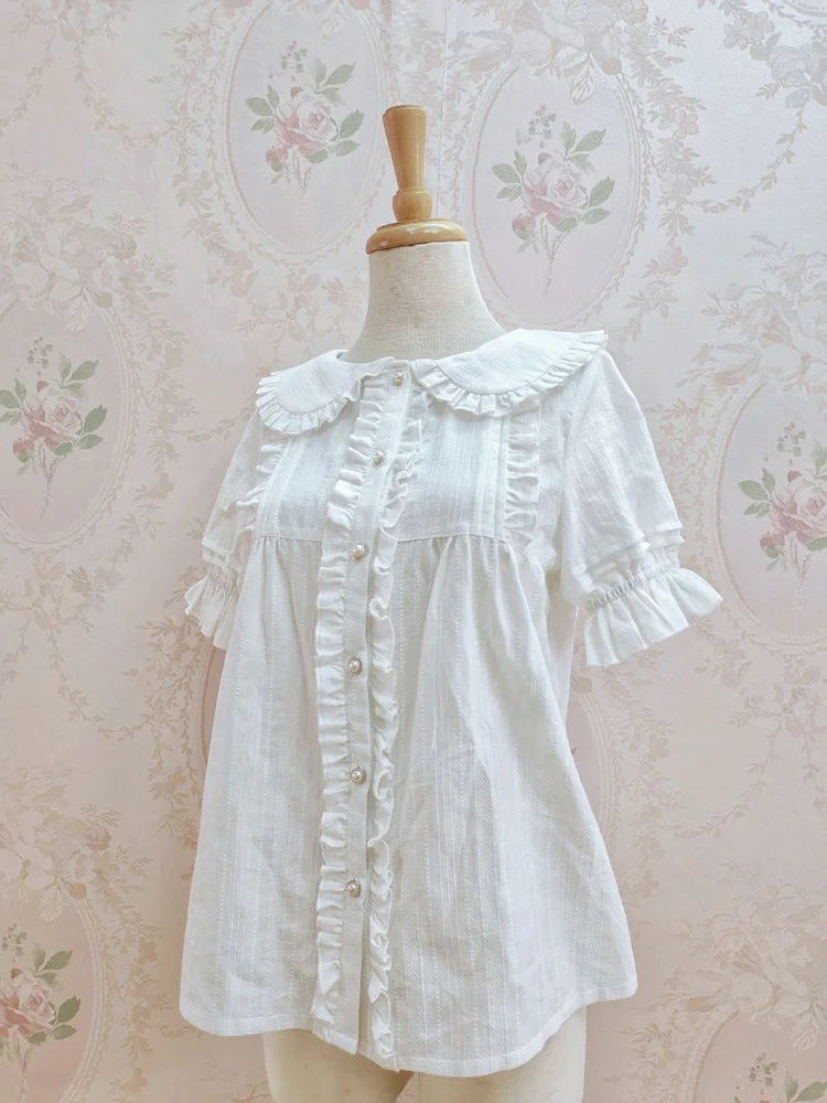 Japońska słodka bluzka Lolita kobiety lato jednolite, luźne, bawełniane koszule kołnierz piotruś Pan krótki bufiasty rękaw bluzki dziewczyna kawaii ubrania