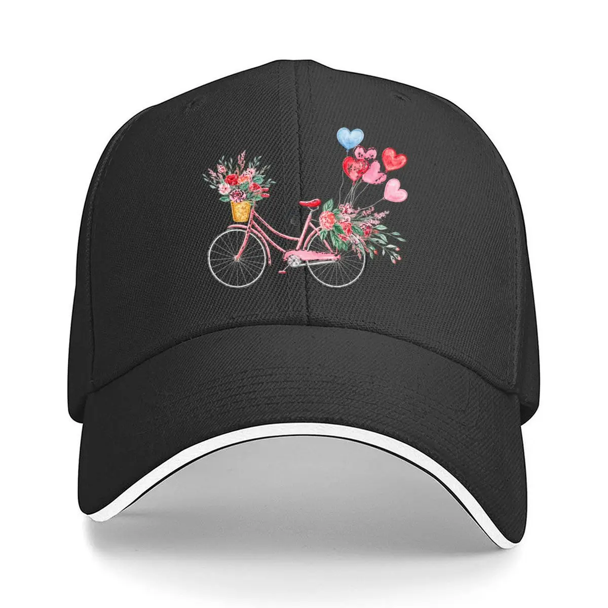 Floral Bicycle With Flower Basket And Heart Balloons Hip Hop hat Fashion Outdoor Sports Sandwich Baseball Cap