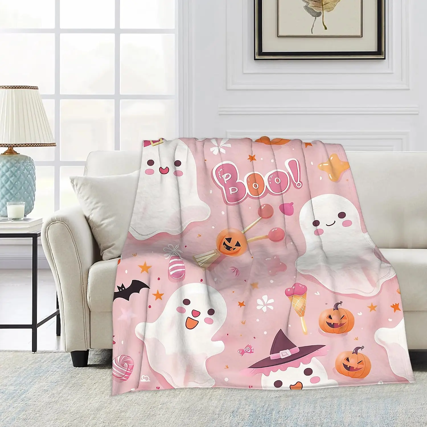 Halloween Throw Blanket, Cute Halloween Ghost Blanket Throw for Adults, Lightweight Soft Cozy Blanket for Couch Sofa Bed Room Decor 50x60 Inches