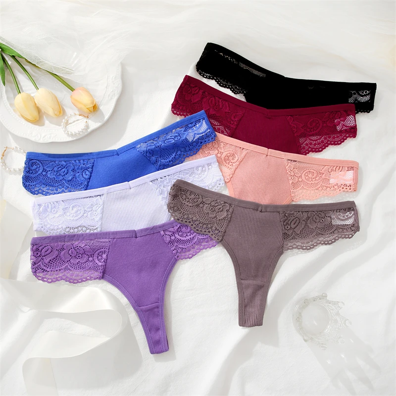 FINETOO 4PCS/Set Sexy Cotton Lace Thong Women Solid Low Waist G-String Underwear Female Breathable Panties Intimates Lingerie