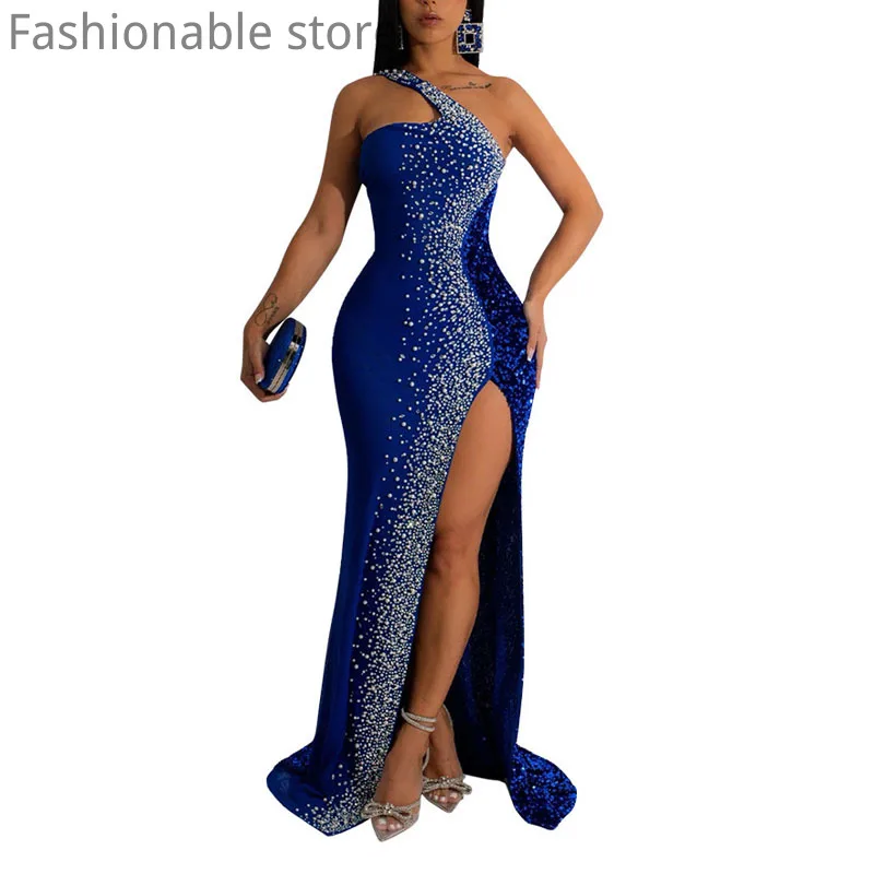 

Женское сексуальное однотонное платье на одно плечо, необычное блестящее платье в пол