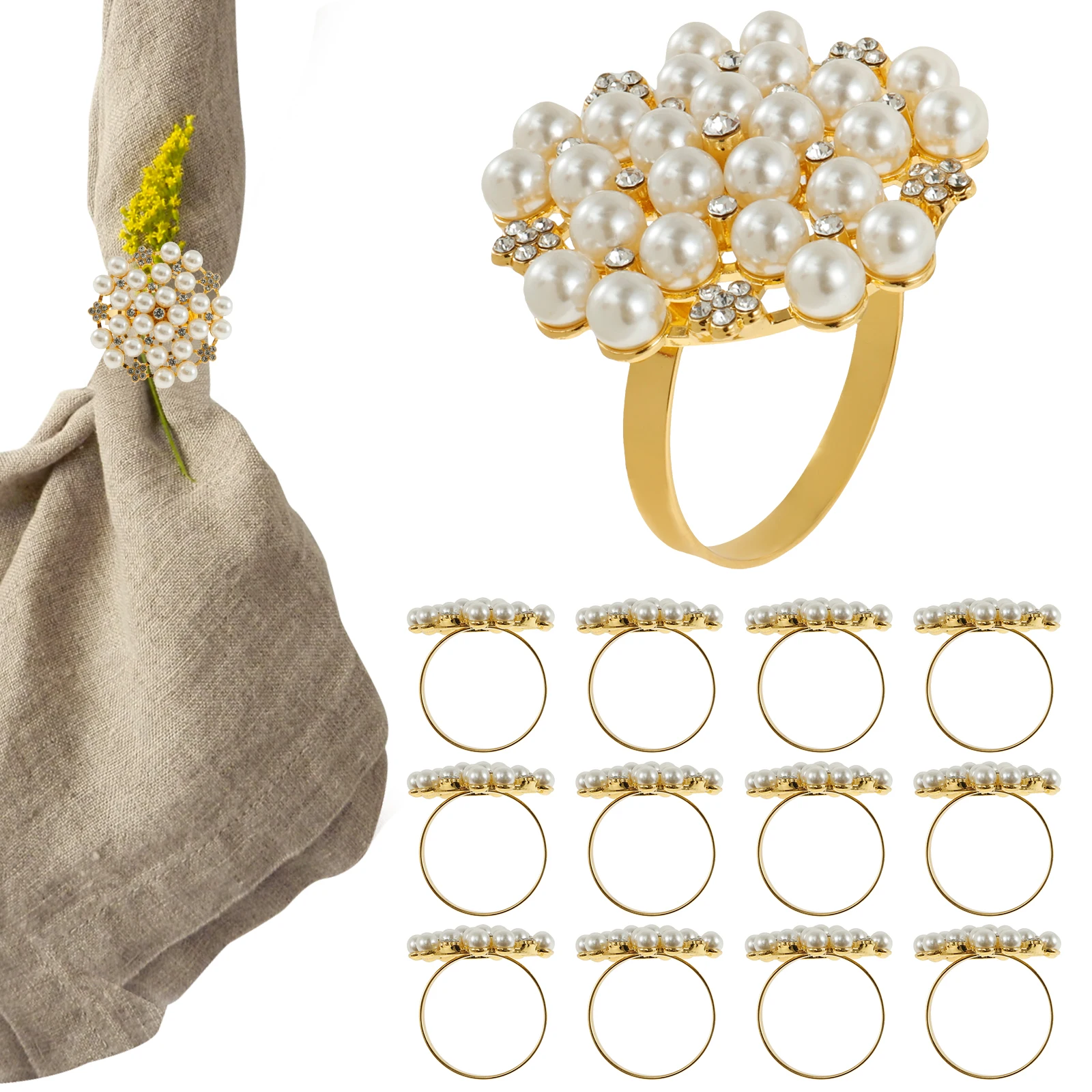 

12 Pcs Napkin Ring Pearl Flower Napkin Rings Holder Bling Rhinestone Cloth Napkin Ring Hollow Out Napkin Buckle Gold Round