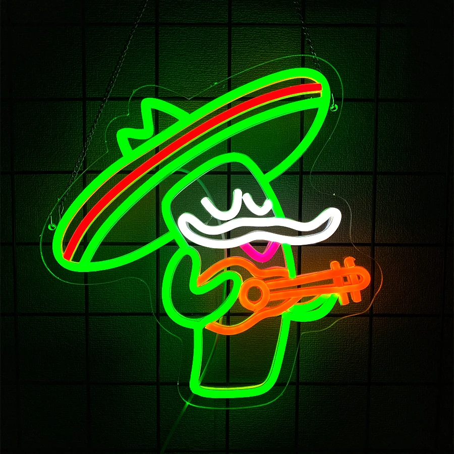

Cactus Guitar Led Neon Sign, Cartoon Icon Music Studio Signboard, Bedroom, Bar, Recording Studio, Club Decor, Music Lovers Gifts