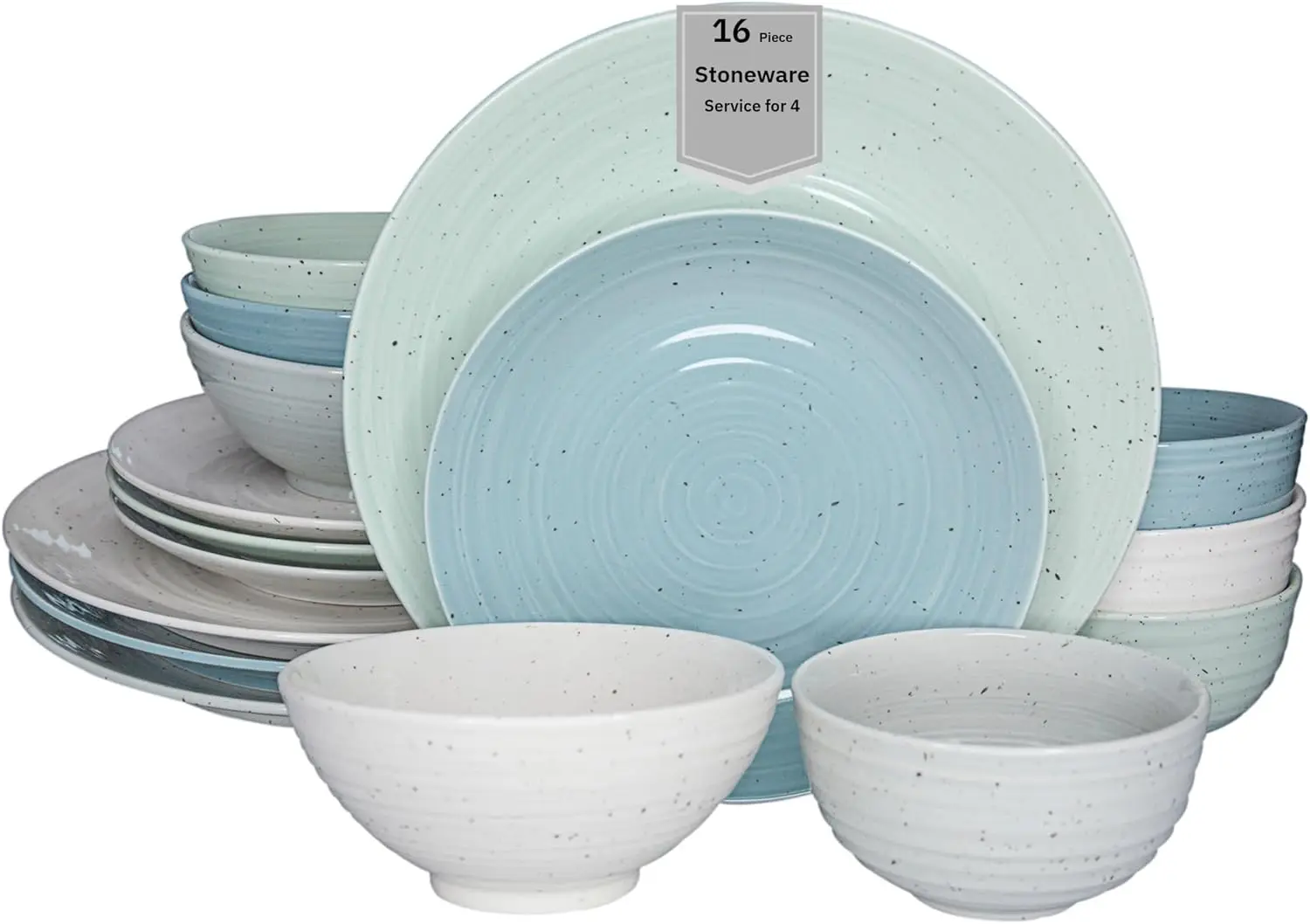 16-Piece Stoneware Dinnerware Set for 4, Green Cream White Glossy Speckled Ceramic Plates Bowls, Microwave Dishwasher Safe