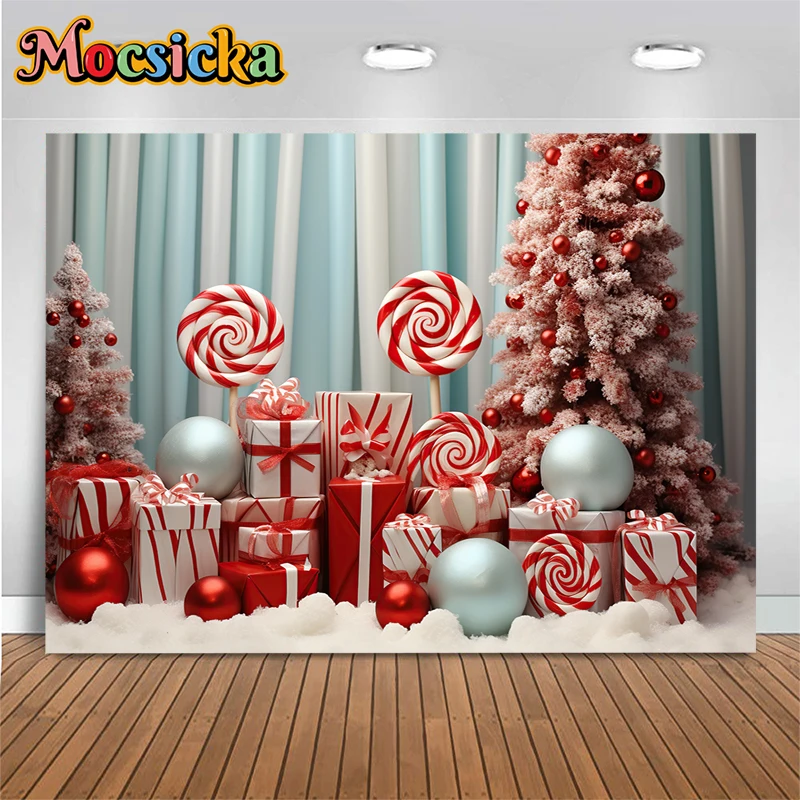 Mocsicka Christmas Party Photography Background Pink Tree Candy Lollipop Gift Snowflake Outdoor Decoration Backdrop Props Studio