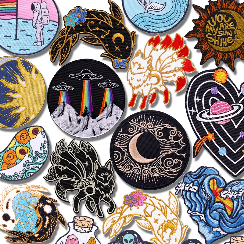 5PCS Wal Fuchs Stickerei Patches DIY Cartoon Planet/UFO Patch Eisen Auf Patches Für Kleidung Mond Sonne Wellen patch Jacken DIY