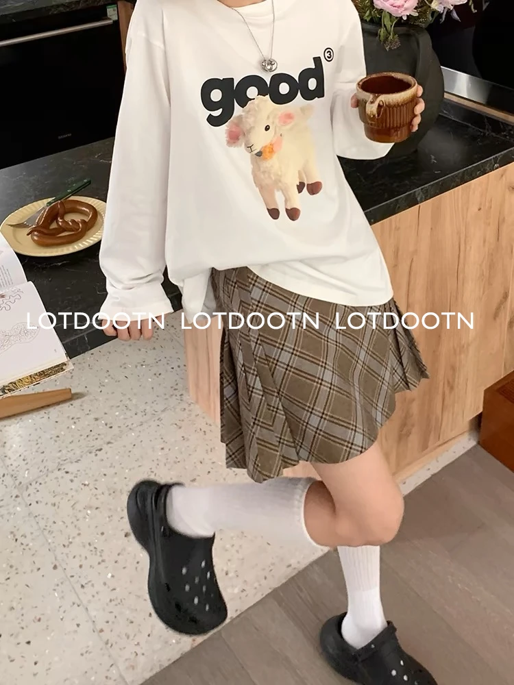 LOTDOOTN Harajuku Kawaii Cartoon TShirtS Pure Cotton Women Japanese Style Oversized Tees Cute Long Sleeve O-neck Y2K Tops E-girl