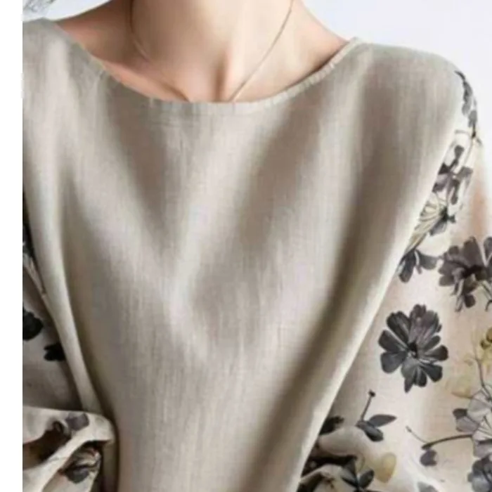 Japanese Style Women's Shirt Spring 2026 Loose Slim Fit round Neck Print Nine Sleeve Tops Fashionable Versatile Cotton Polyes...