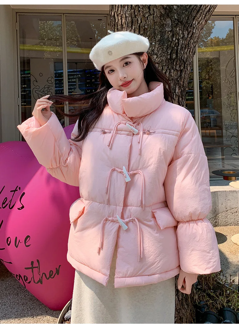Korean Sweet Short Down Cotton Jacket for Women Stand Collar Toggle Button Puffer Parkas Woman Loose Candy Color Padded Jacket