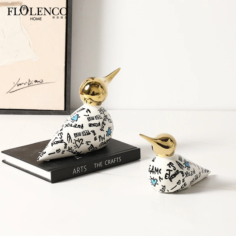 Modern light luxury abstract pattern gold-billed bird ceramic ornament for home living room, wine cabinet, children's room, and