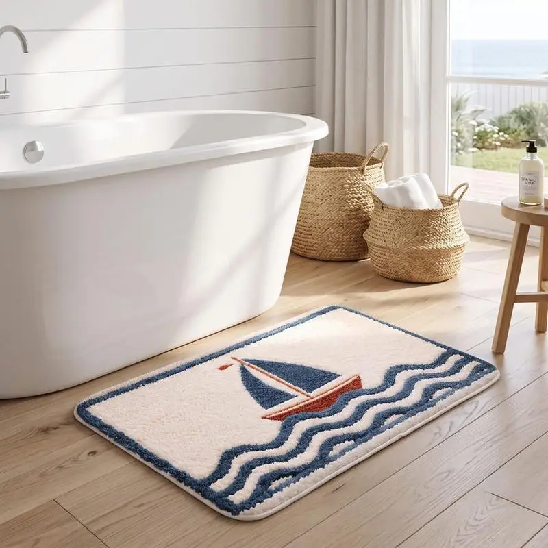 VIKAMA Sailboat Wave Bath Mat Nautical Ocean Pattern Non Slip Water Absorbent Bathroom Rug Coastal Home Decor