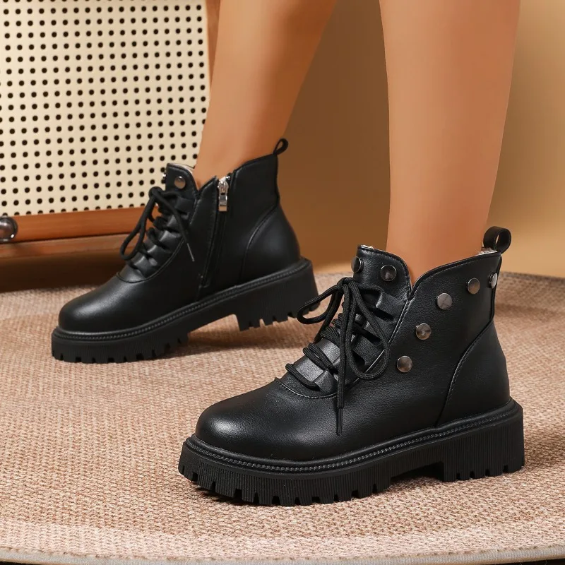 Women Faux Leather Ankle Boots Fleece Lined 4.5cm Chunky Heel Lace‑up Round Toe Warm Winter Casual Outdoor Work Shoes