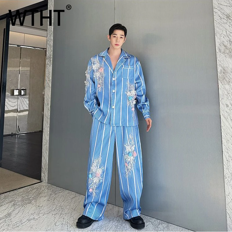 

WTHT Fashion 2026 Summer Men's Suit Spliced Lace Striped 3D Flower Shirts Casual Wide Leg Loose Pants Set Male 2A2879