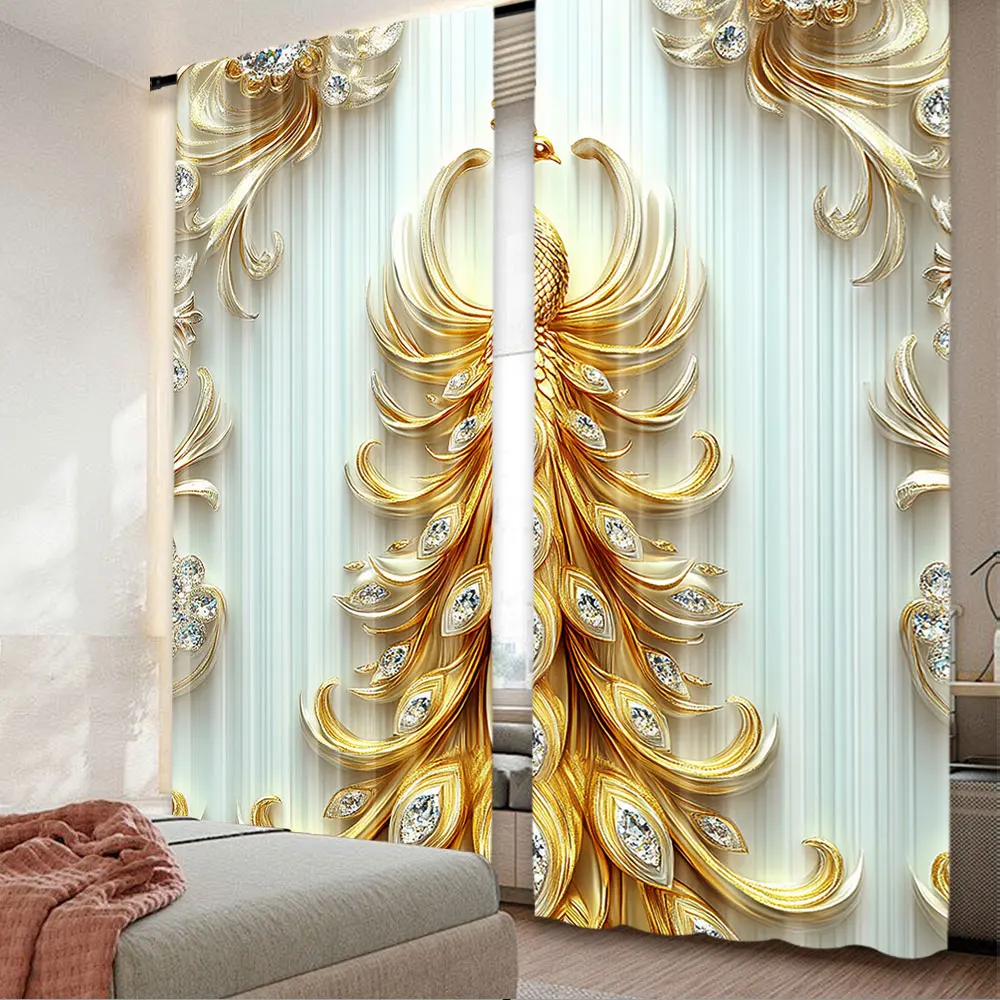 

2Pcs Beautiful Golden Peacock Printed Curtains Design Suitable For Bedroom Kitchen Dining Room Living Room Study Office Bathroom