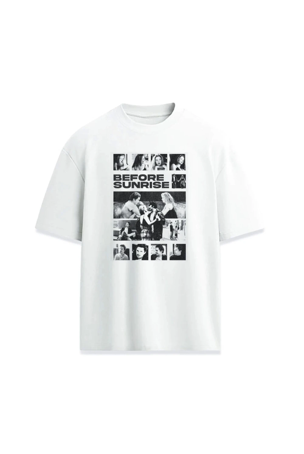 Camiseta unisex de primera calidad con estampado frontal con diseño de escenas icónicas de la película Before Sunrise, camiseta informal de algodón negra para hombre