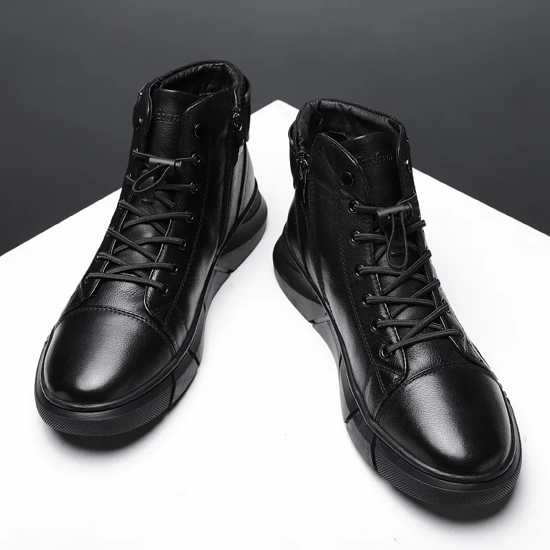 Ankle Boots for Men Black PU Leather Casual Shoes Winter Comfortable Platform Boot High-top 2023 Winter Plush Warm Booties Man