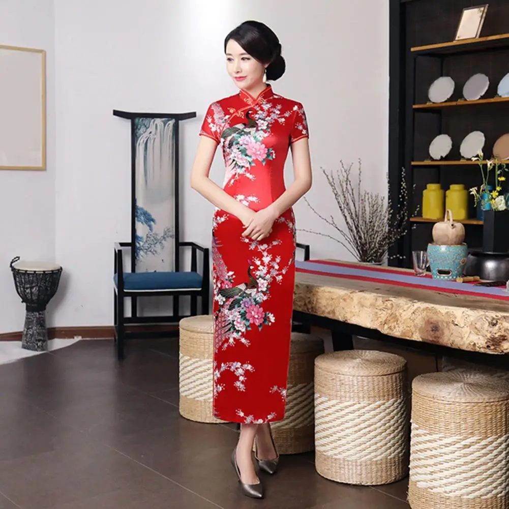 Satin Qipao Women Long Cheongsam Floral Embroidery Chinese Classic Summer Qipao Short Sleeve Elegant Women Evening Party Dress