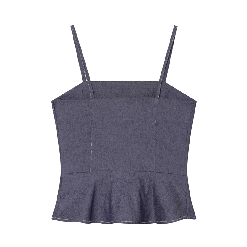 KEYANKETIAN 2026 Summer Minimal Oriental Crop Camisole Navy Imitation Denim Square Neck Front Knot Buttons Ruffle Waist Blouse