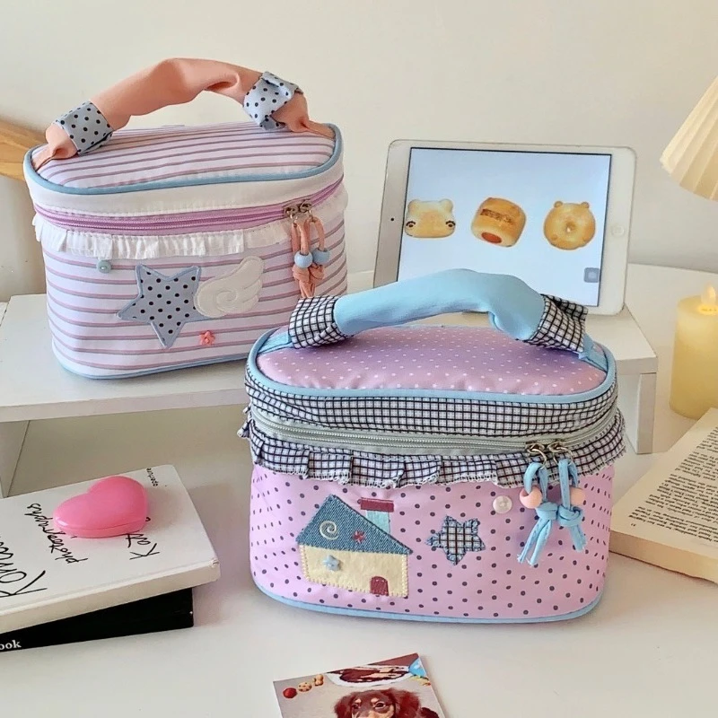 Ins Korean Tote Cosmetic Bag Large Capacity Multi-compartment Hand Carry Travel Toiletry Bag Women Skincare Makeup Storage Pouch