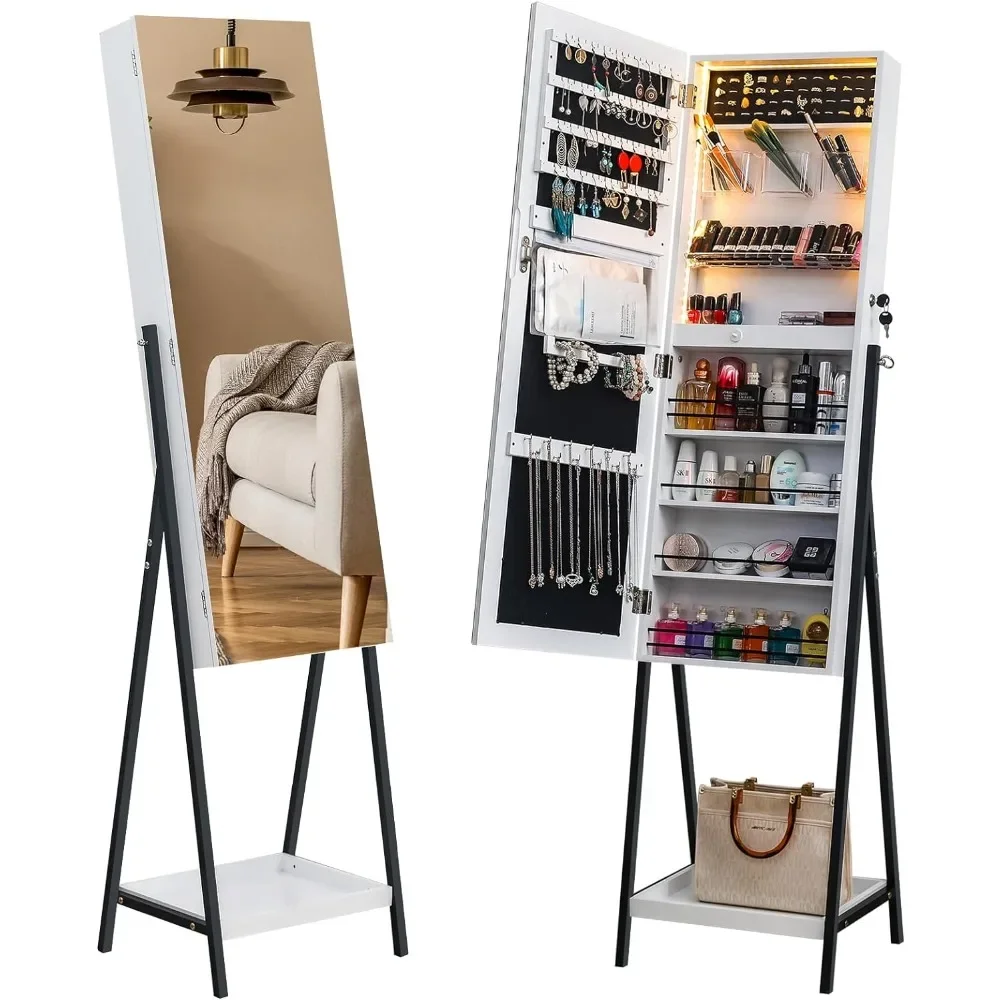 

Jewelry cabinet with full length mirror, lockable LED light, and large capacity organizer with cosmetic storage rack