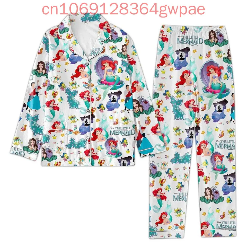 The Little Mermaid Ariel Princess Pajama Set Disney 3d Printed Casual Men's and Women's Long Sleeve Shirt Pajama Set