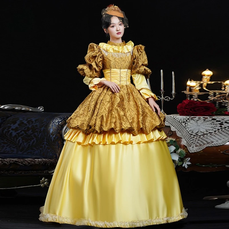 겨울 중세 유럽 귀족 클래식 드레스 노란색 코트 스타일 드라마 Catwalk 메이크업 파티 의상 Vestidos De Flamenca