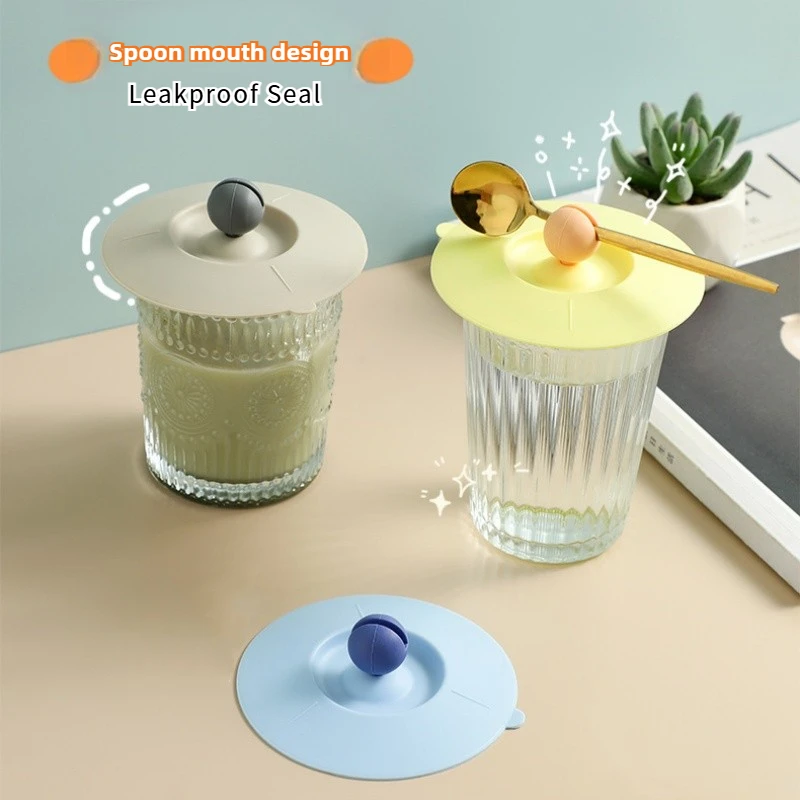1pc Multifunctional Silicone Cup Lid with Spoon Holder Dustproof Reusable Mug Cover for Home Office