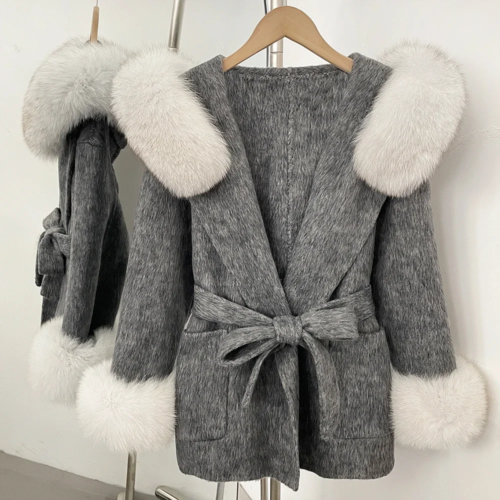 OFTBUY Winter Warmer Dicker Modischer Wollmantel Neuer Eleganter Taillierter Wollmantel für Damen mit Echtem Pelzkragen und Kapuze – Detail 11
