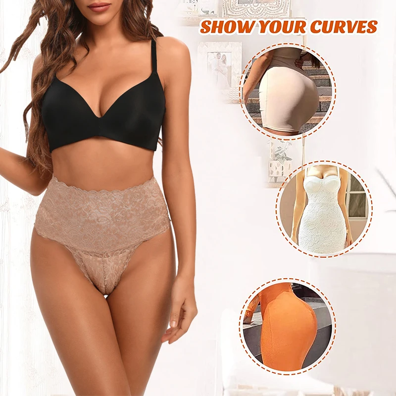 Women Butt Lifter Shapewear Lace T-back High Waist Tummy Control Panties Smooth Waist Trainer Body Shaper Seamless Underwear