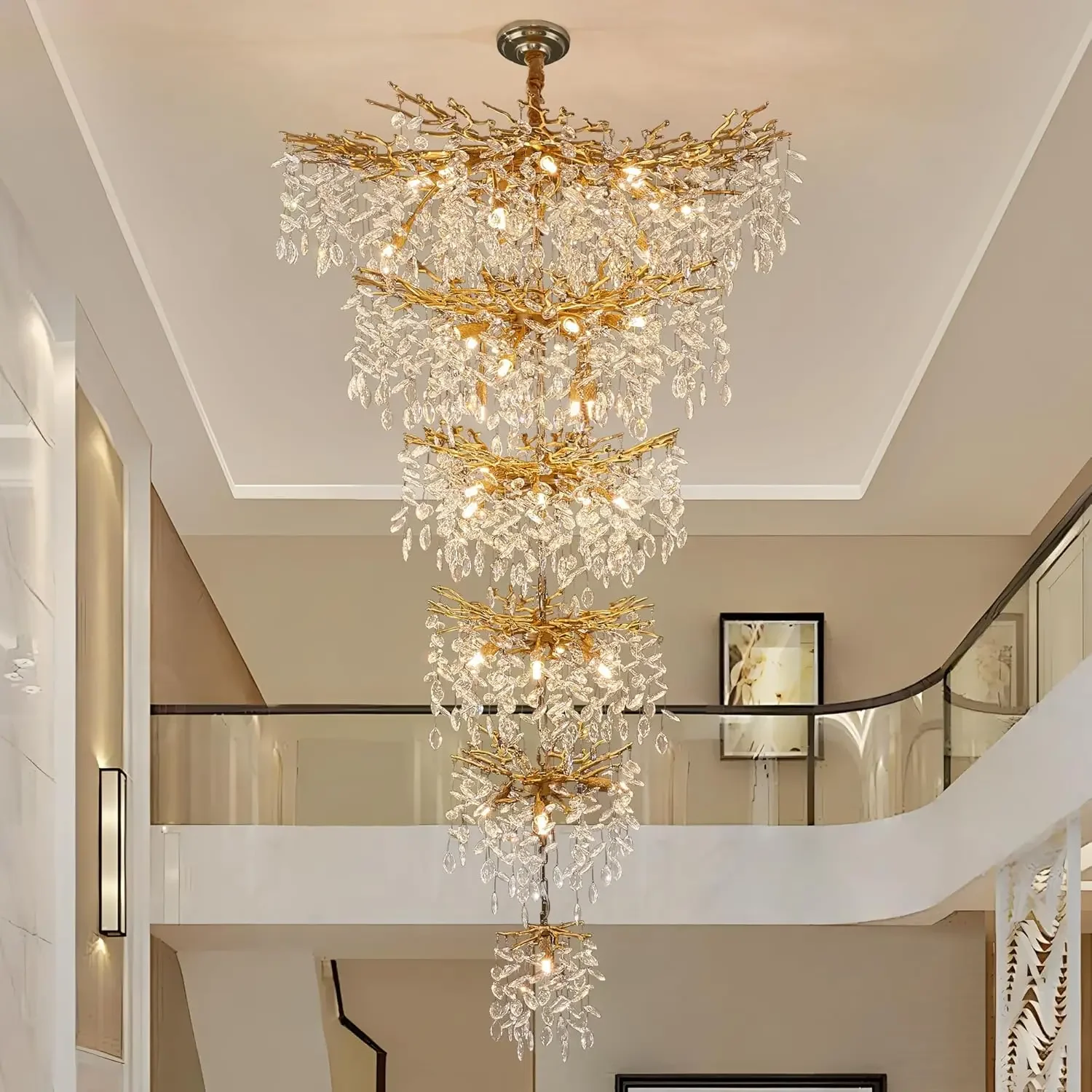 

Luxury Branch Crystal Fringe Chandelier Modern Pendant Light Dimmable Lustre Ceiling Lamp for Hotel Villa Staircase
