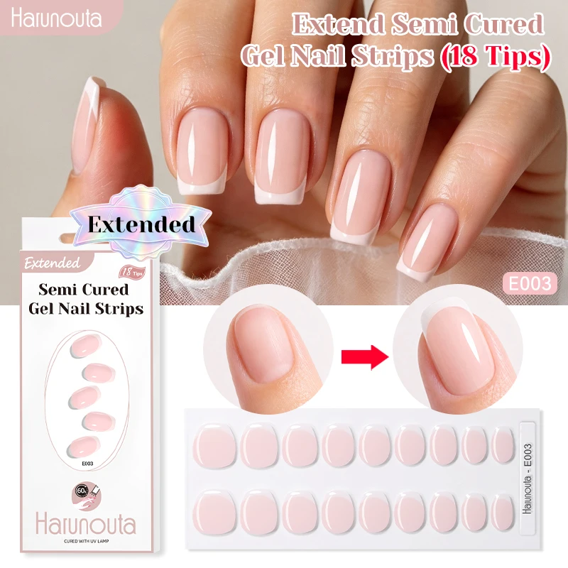 Harunouta 18Strips Extended Semi Cured Gel Nail Strips French Glitter Gel Nail Wraps Harden Under UV Lamp DIY Manicure Nail Art
