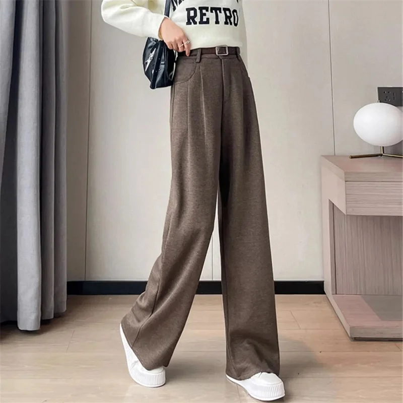 الكورية الإناث مستقيم الساق Pantalons 2025 المرأة موضة عالية الخصر بنطلون الخريف الشتاء السيدات الراقية الصوفية دعوى بانت