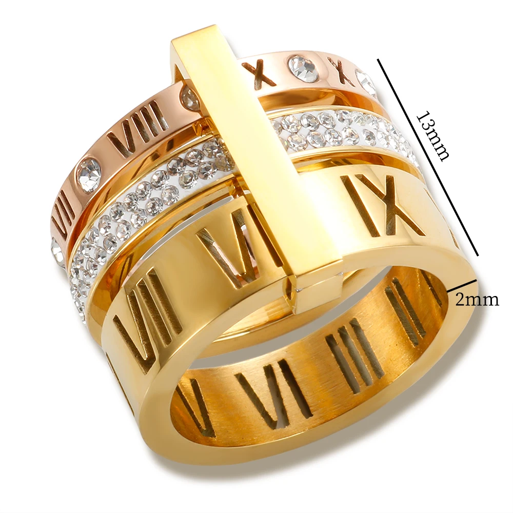 Drei Schichten Römischen Ziffern Ring für Frauen Luxus Edelstahl Drehbare Kristall Finger Ringe Weibliche Hochzeit Trendy Schmuck – Detail 3