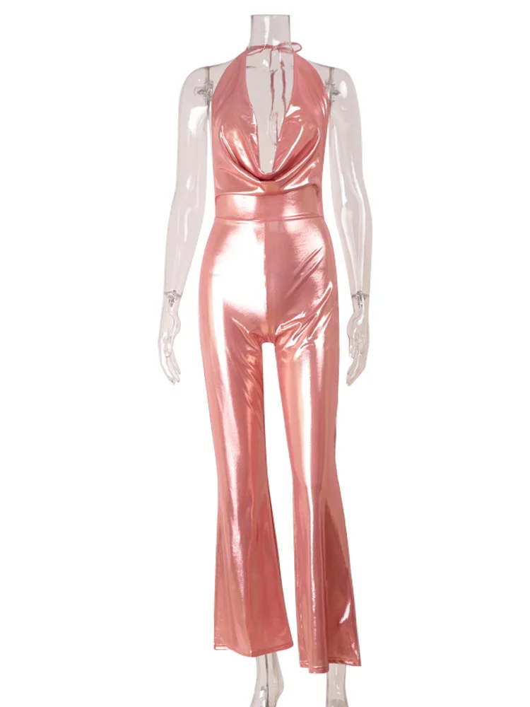 Solide Halter Overall Für Frauen Mode Sexy Club Bling Ärmel Tiefem V-ausschnitt Slim Fit Outfit Strampler Weibliche Streetwear Slim Fit
