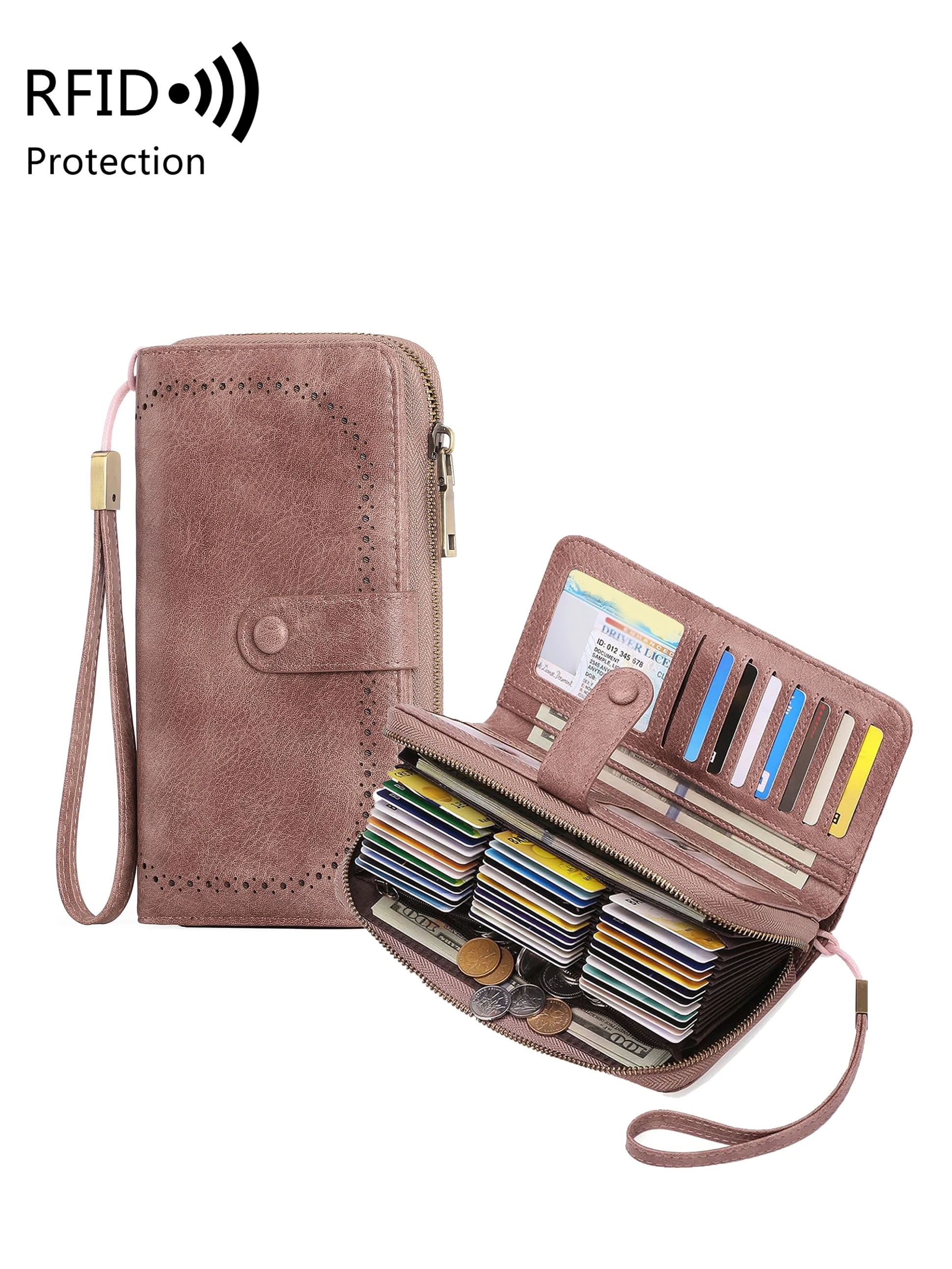 Retro ladies long wallet RFID anti-theft card holder PU leather large capacity buckle zipper coin purse fashion accordion clutch