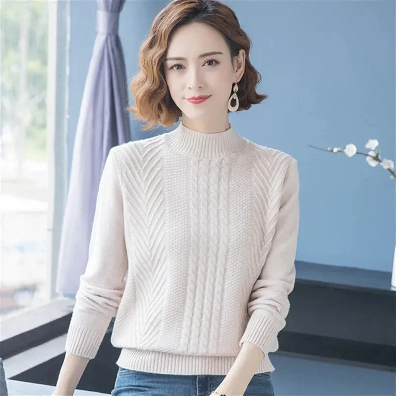 Sweater Wol Merino Musim Gugur Musim Dingin Kerah Tinggi Model Pullover Kasmir Warna Solid Lembut Lengan Panjang Atasan Pakaian