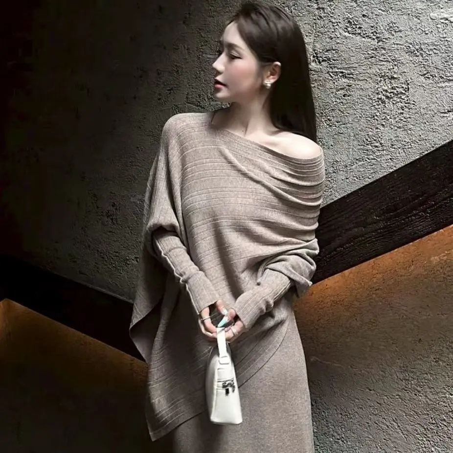 New French Knitted Fashion Women's Two Piece Set Autumn Batwing Sleeve Loose Irregular Cover Top + Slim Skirt Casual Knitwear