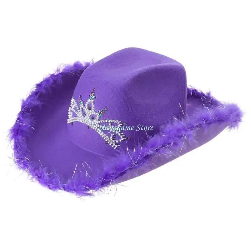 Y88A الراين تاج قبعات رعاة البقر امرأة الموسيقى المهرجانات قبعات رعاة البقر مع تقليم القطيفة