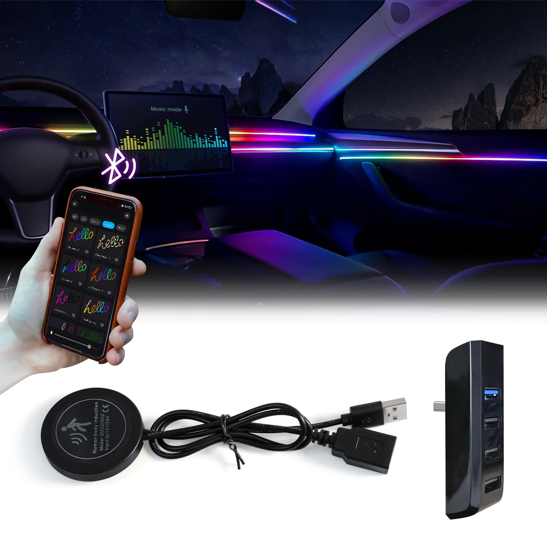 Car Ambient Lights Automatic OFF Module 30 60 Seconds Glove Box USB Expansion Dock Symphony 140cm Strips For Tesla Model 3 Y S X