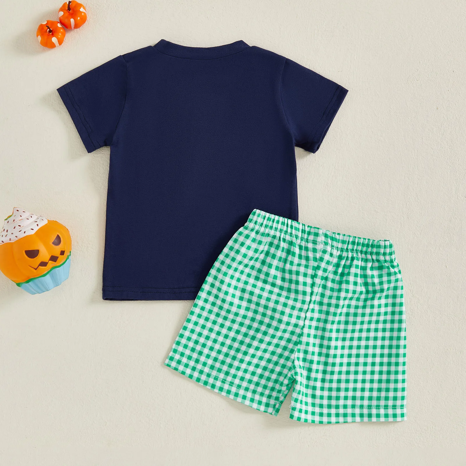 

Toddler Baby Boy Halloween Clothes Pumpkin Embroidery Smocked Short Sleeve T-Shirt and Plaid Shorts Set Fall Outfits