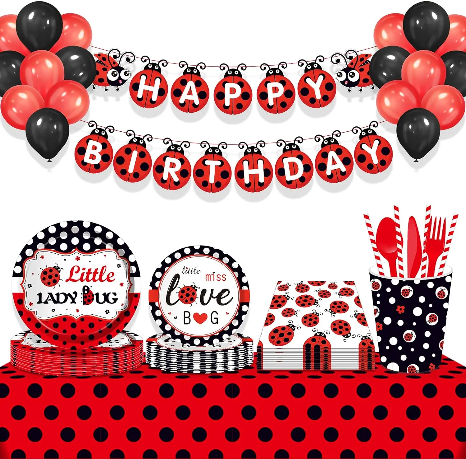 Set di stoviglie per feste coccinella 1a festa di compleanno Baby Shower pois decorazioni forniture piatti di carta tovaglioli forchette ragazze