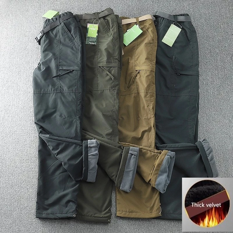 Waterproof Outdoor Fleece Soft Shell Pants Man Straight Slacks Multi-pocket Cargo Pants Men Winter Army Tactical Pantalon Homme