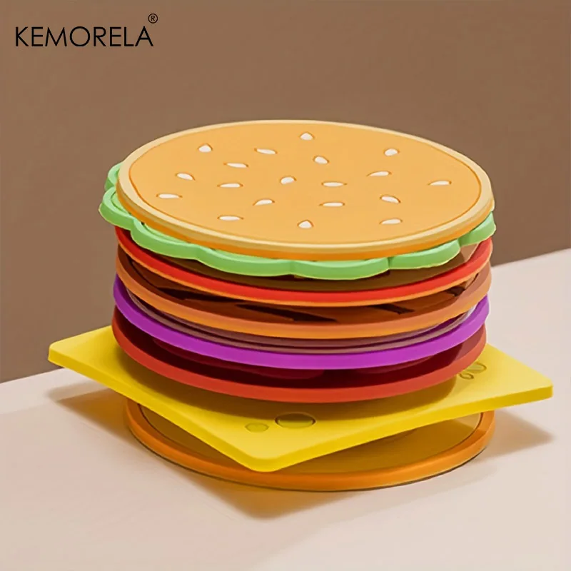 8pcs/set Burger Shape Coaster Creative Cup Pad Silicone Insulation Mat Mug Holder Kitchen Dining Bar Table Decorations Kids Gift