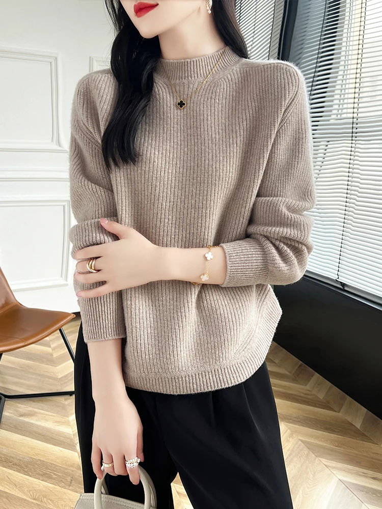 New  Women Mock Neck Pullover Autumn Winter Cashmere Sweater 100% Merino Wool Knitwear Female  Grace Soft Clothes Knitting Top