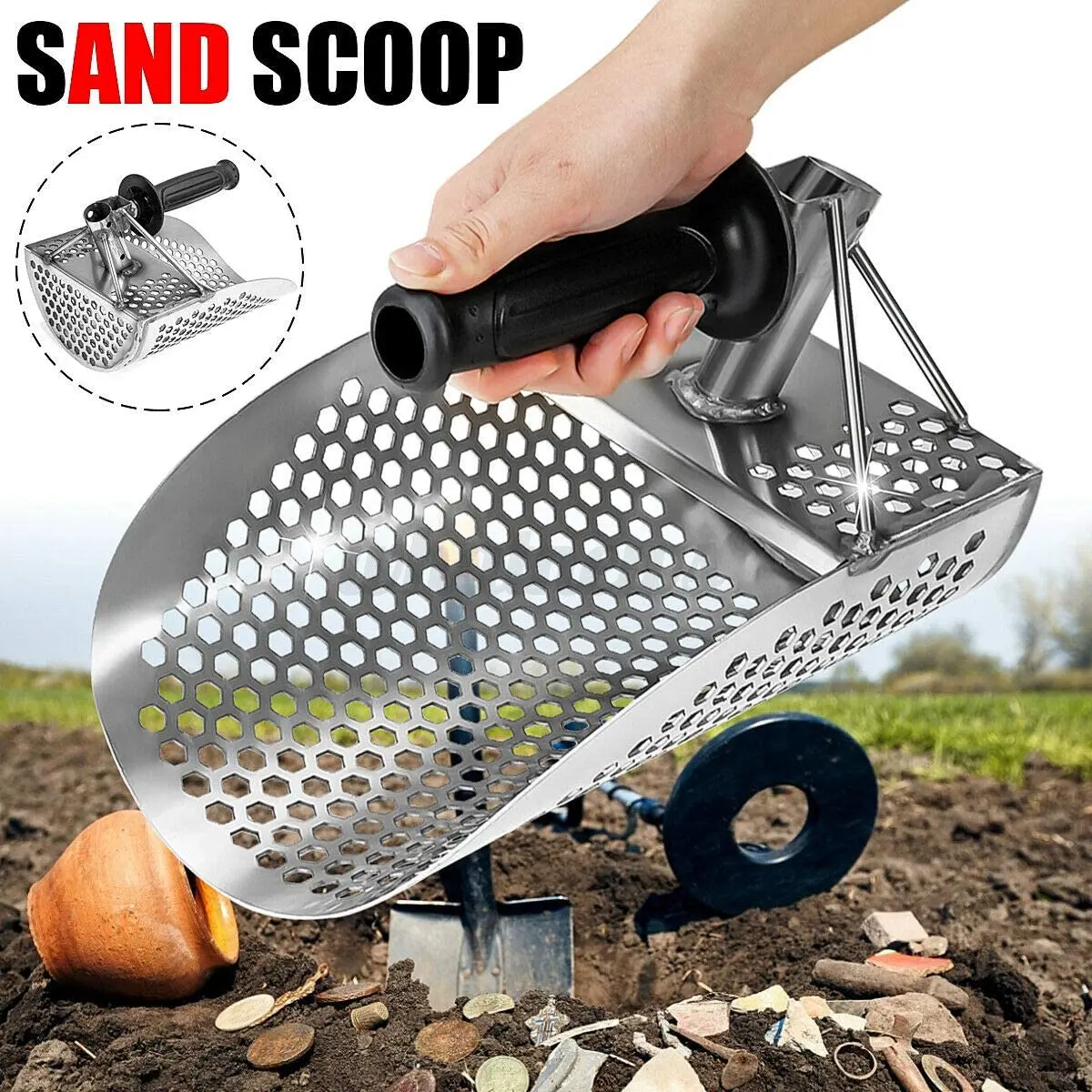 Metal Detector Sand Scoop Shovel Set Stainless Steel Beach Digging Filter Tool for Underground Metal Treasure Detecting