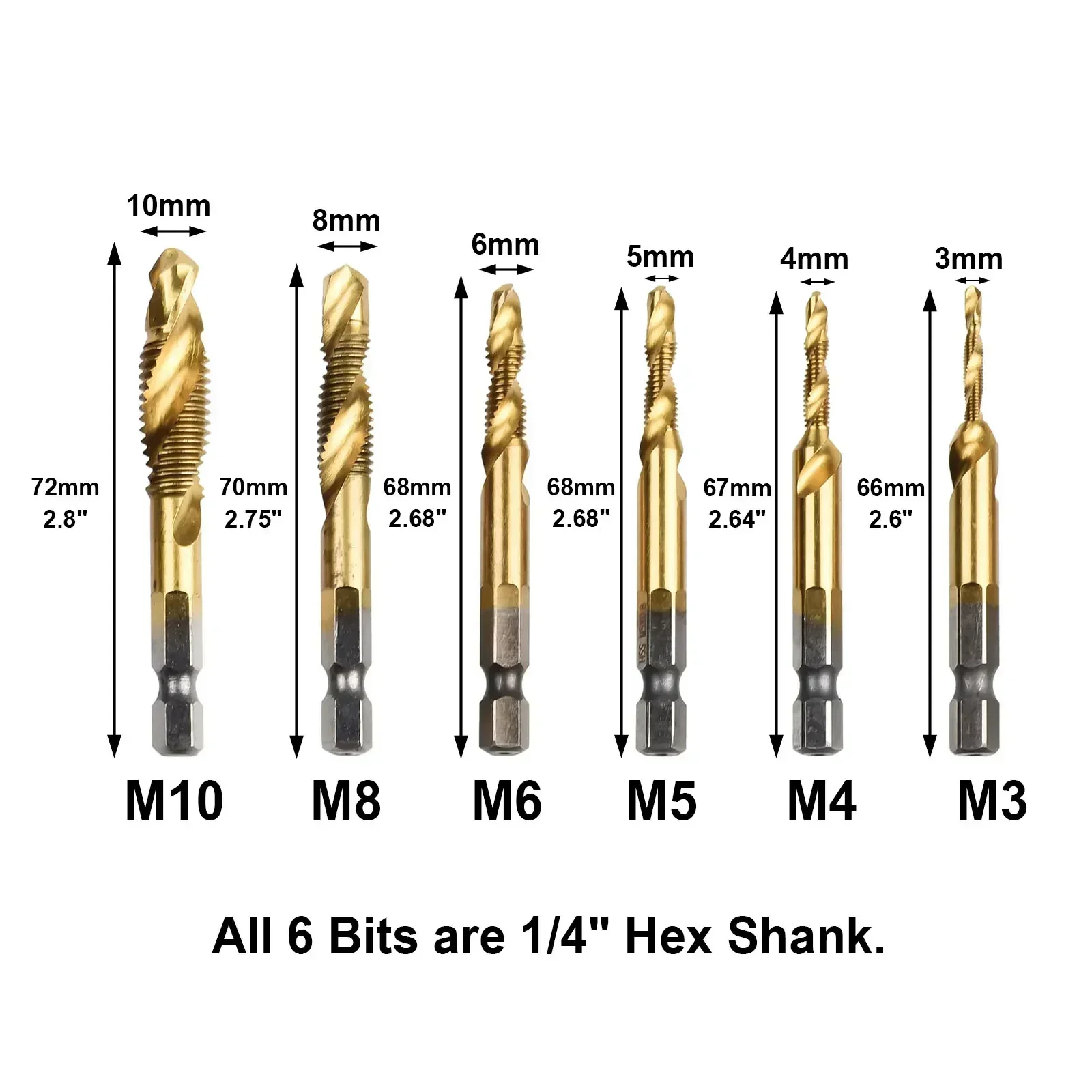 12pcs Metric Tap Composite Tap Plated Hex Shank HSS Screw Thread Metric Tap Drill Compound Tap Hand Drill Tool M3-M10