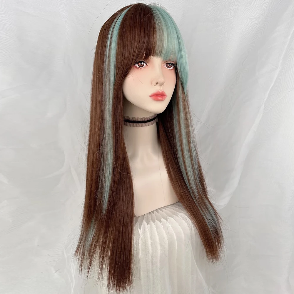 GAKA Synthetic Long Straight Green Brown Layered Ombre Mix Wig Lolita Cosplay Women Fluffy Hair Wig for Daily Party