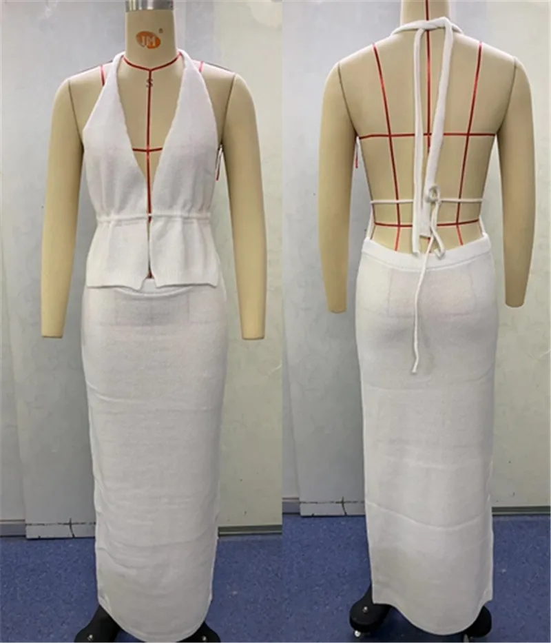 2 pezzi Set costume da bagno lavorato a maglia Beach Cover Up Bikini Cover-up Sexy Backless Abiti Robe Abito lungo dalla fasciatura 2023 Costumi da bagno