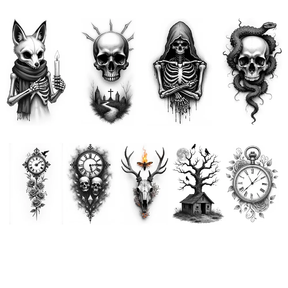 

3pcs Temporary Tattoo Skull Clock Waterproof Long-lasting Body Stickers Floral Clock Anthropomorphic Fox For Men Thighs Arms